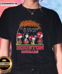 Alt Text: Awesome Houston Cougars X Peanuts Snoopy and Friends autumn ladies tee celebrating the most wonderful time of the year.
