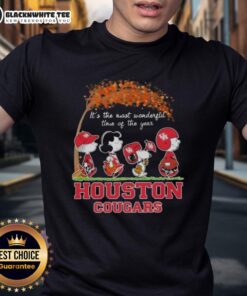 Alt Text: Awesome Houston Cougars X Peanuts Snoopy and Friends autumn T-shirt celebrating It's the Most Wonderful Time of the Year.