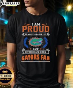 Alt Text: Florida Gators fan t-shirt featuring 'I Am Proud Of Many Things But Nothing Beats Being A Florida Gators Fan' design.
