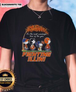 Alt Text: Awesome Illinois Fighting Illini X Peanuts Snoopy and Friends autumn ladies tee for the most wonderful time.