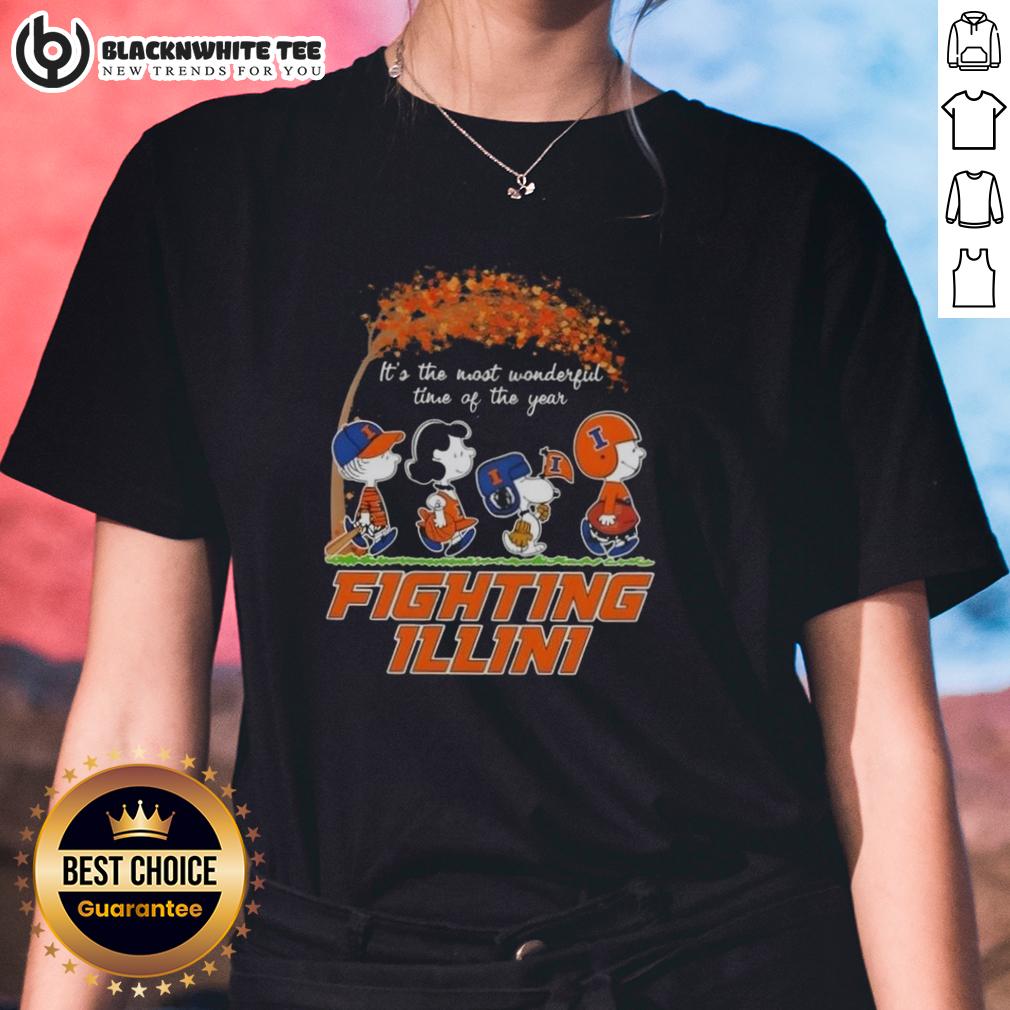 Awesome Illinois Fighting Illini X Peanuts Snoopy And Friends Autumn It's The Most Wonderful Time Ladies-Tee Alt Text: Awesome Illinois Fighting Illini X Peanuts Snoopy and Friends autumn ladies tee for the most wonderful time.
