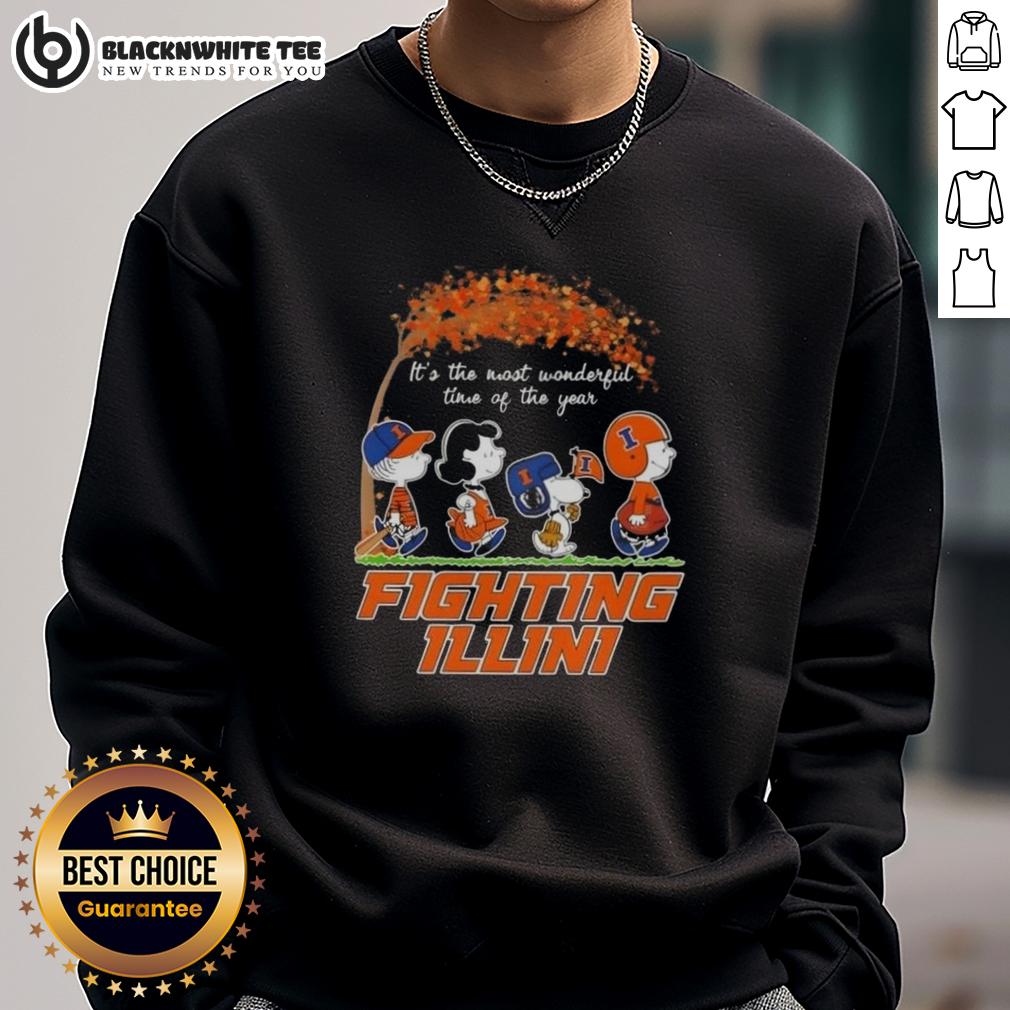 Awesome Illinois Fighting Illini X Peanuts Snoopy And Friends Autumn It's The Most Wonderful Time Sweatshirt Awesome Illinois Fighting Illini X Peanuts Snoopy sweatshirt for autumn, featuring vibrant colors and festive design.