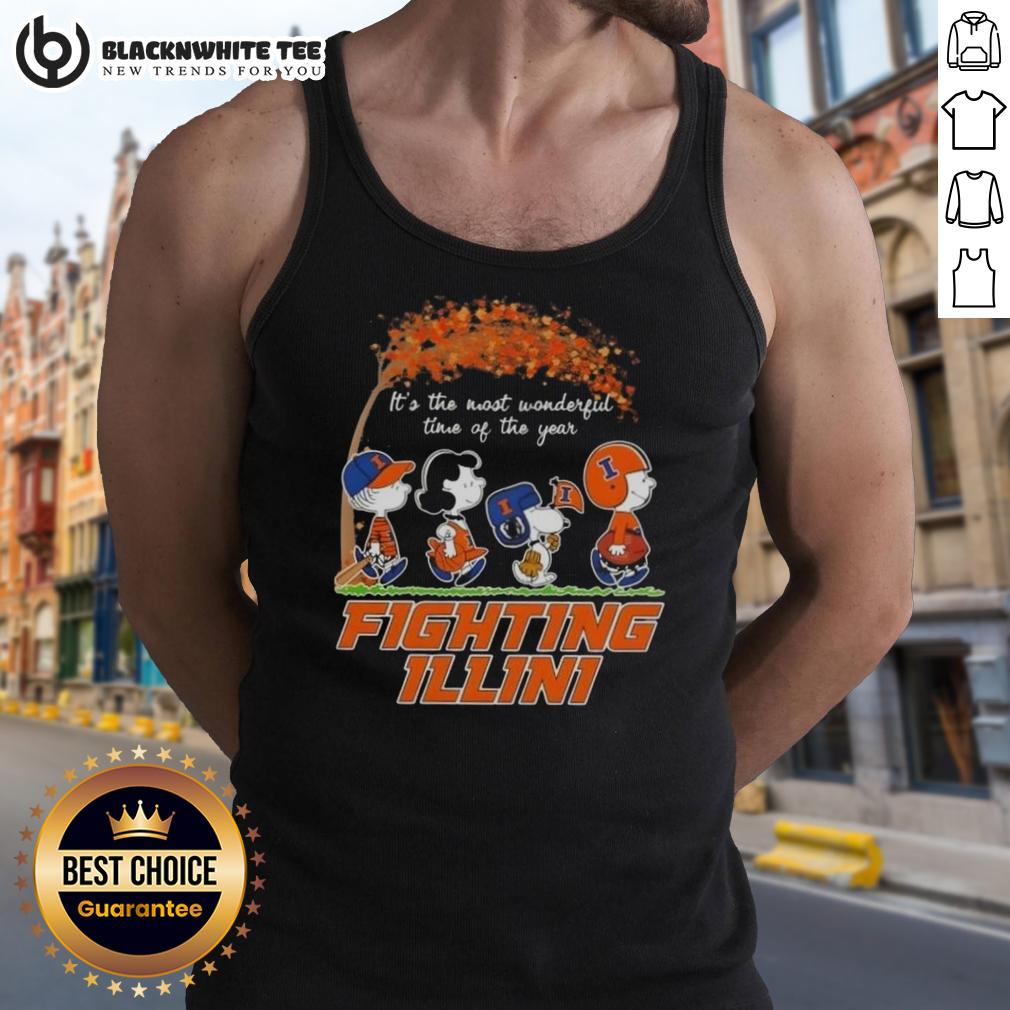 Awesome Illinois Fighting Illini X Peanuts Snoopy And Friends Autumn It's The Most Wonderful Time Tank Top Awesome Illinois Fighting Illini X Peanuts Snoopy tank top celebrating autumn with friends, perfect for fans and fall fun.