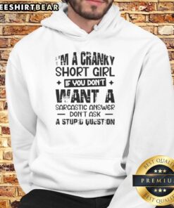 Short girl wearing 'Awesome Im A Cranky' hoodie, showcasing sarcasm in a fun, stylish way. Perfect for quirky fashion lovers.