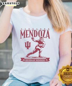 Alt Text: Awesome Indiana Football Ladies Tee featuring Fernando Mendoza and Heisman Trophy design, perfect for fans.