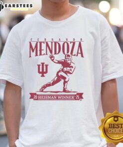Alt Text: Awesome Indiana Football Fernando Mendoza Heisman Trophy T-Shirt featuring vibrant graphics and team colors.