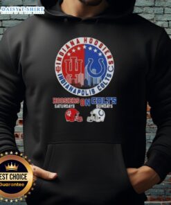 Alt Text: Awesome Indiana Hoosiers hoodie featuring football helmets and Indianapolis skyline, perfect for game day.