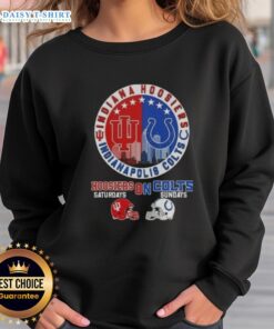 Awesome Indiana Hoosiers sweatshirt featuring football helmets and Indianapolis skyline, perfect for game day.