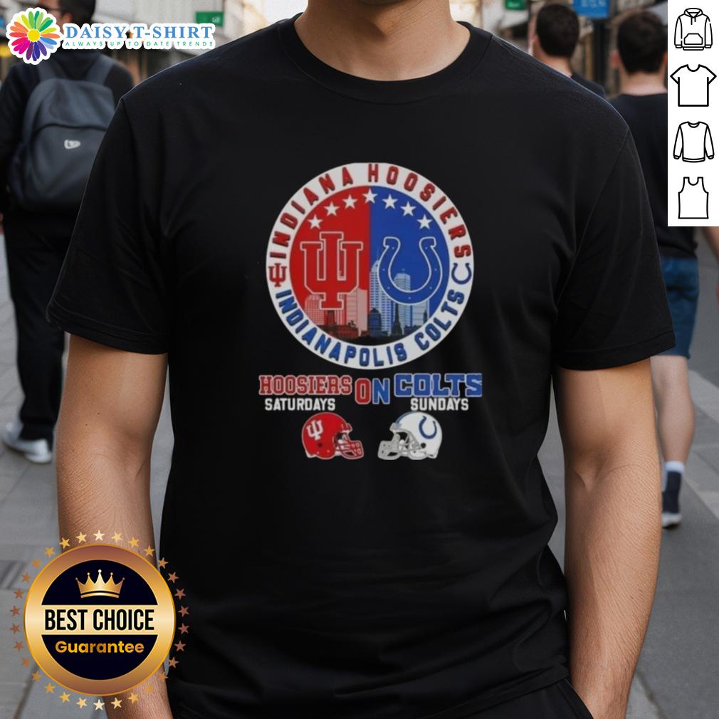 Awesome Indiana Hoosiers Saturdays On Indianapolis Colts Sundays Football Helmets Skyline T-Shirt Awesome Indiana Hoosiers and Indianapolis Colts football helmets graphic on a skyline t-shirt design.