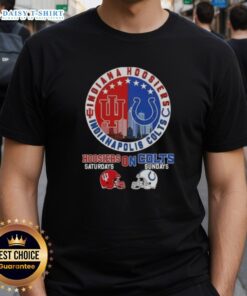 Awesome Indiana Hoosiers and Indianapolis Colts football helmets graphic on a skyline t-shirt design.