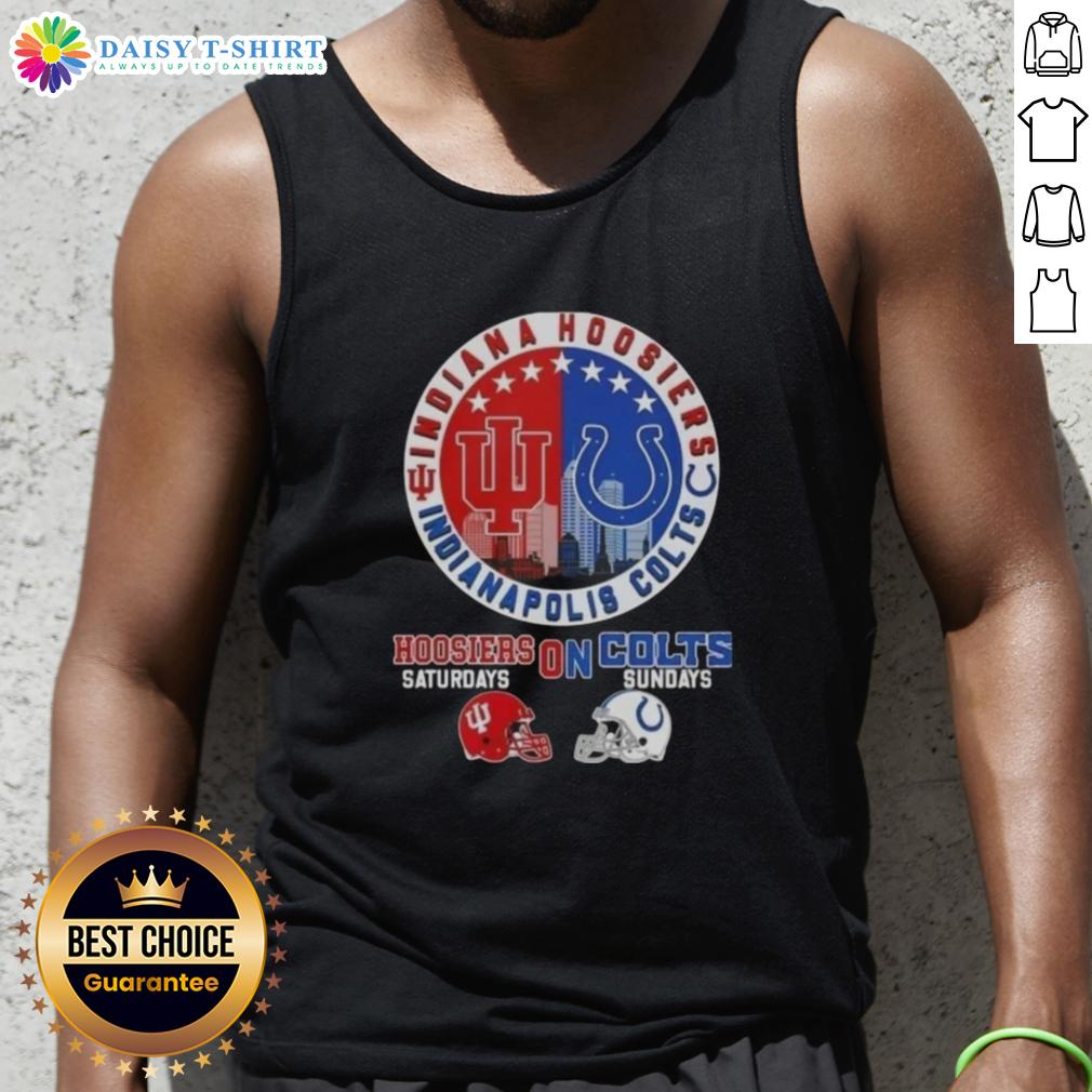 Awesome Indiana Hoosiers Saturdays On Indianapolis Colts Sundays Football Helmets Skyline Tank Top Awesome Indiana Hoosiers tank top featuring football helmets and Indianapolis skyline for game day style.