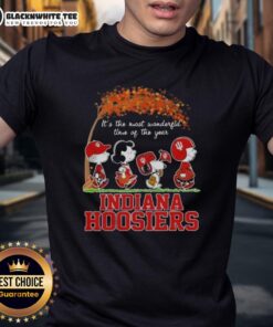 Awesome Indiana Hoosiers X Peanuts Snoopy autumn T-shirt celebrating 'It's The Most Wonderful Time Of The Year' design.