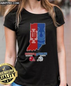 Awesome Indiana map featuring sports, Hoosiers, Colts football helmets, and ladies' tee for game day excitement.