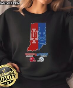 Alt Text: Awesome Indiana map sweatshirt featuring Hoosiers and Colts football helmets for sports fans on weekends.
