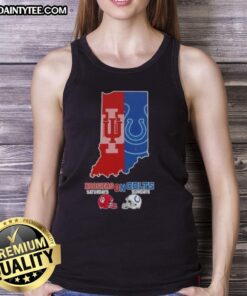 Alt Text: Awesome Indiana map tank top featuring Hoosiers and Colts football helmets for game day. Perfect for sports fans!