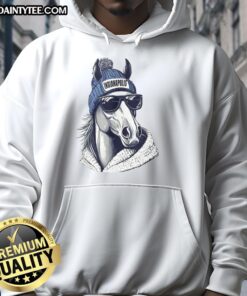 Alt Text: Awesome Indianapolis Colts mascot in a beanie and sunglasses, wearing a hoodie, ready for game day excitement.