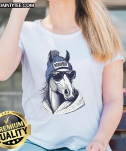 Awesome Indianapolis Colts mascot in a beanie and sunglasses, promoting fun ladies' tee apparel for fans.