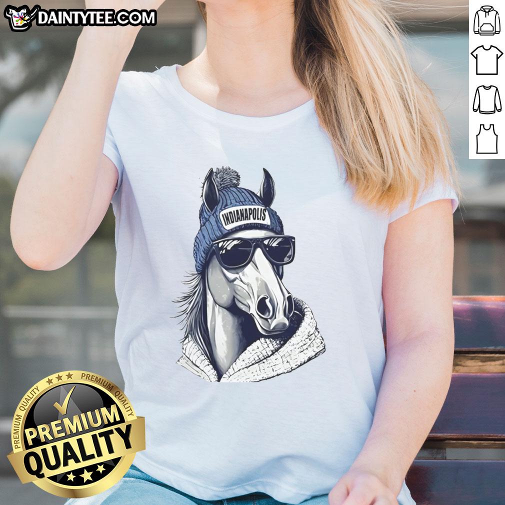 awesome-indianapolis-colts-mascot-wearing-a-beanie-and-sunglasses-ladies-tee Awesome Indianapolis Colts mascot in a beanie and sunglasses, promoting fun ladies' tee apparel for fans.