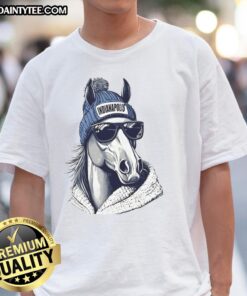 Indianapolis Colts mascot in a beanie and sunglasses t-shirt, showcasing team spirit at a game event.