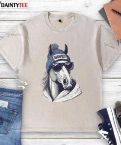 Alt Text: Indianapolis Colts mascot sporting a beanie and sunglasses, showcasing team spirit in a washed t-shirt.