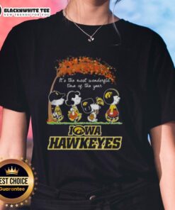 Alt Text: Awesome Iowa Hawkeyes X Peanuts Snoopy and Friends autumn tee, perfect for celebrating the most wonderful time of the year.