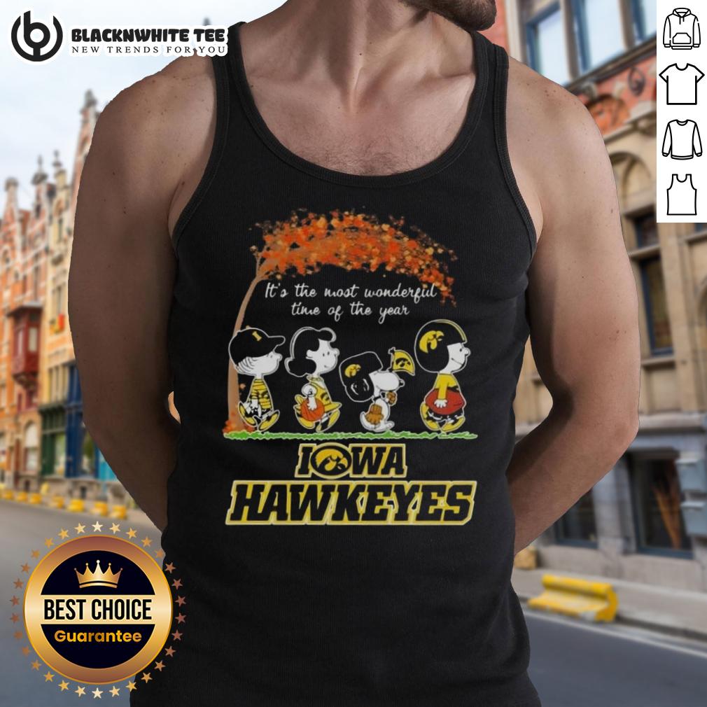 Awesome Iowa Hawkeyes X Peanuts Snoopy And Friends Autumn It's The Most Wonderful Time Of The Year Tank Top Awesome Iowa Hawkeyes X Peanuts Snoopy tank top celebrating autumn and the joy of the season.