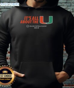 Alt Text: 2025-26 College Football Playoff hoodie featuring Miami Hurricanes logo and vibrant team colors.