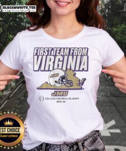 Awesome JMU Football CFP's first team from Virginia ladies tee featuring team colors and logo for proud fans.
