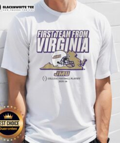 Awesome JMU Football CFP First Team from Virginia T-shirt featuring bold graphics and team colors for fans.