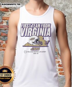 Awesome JMU Football CFP's First Team from Virginia tank top featuring team colors and logo for proud Dukes fans.