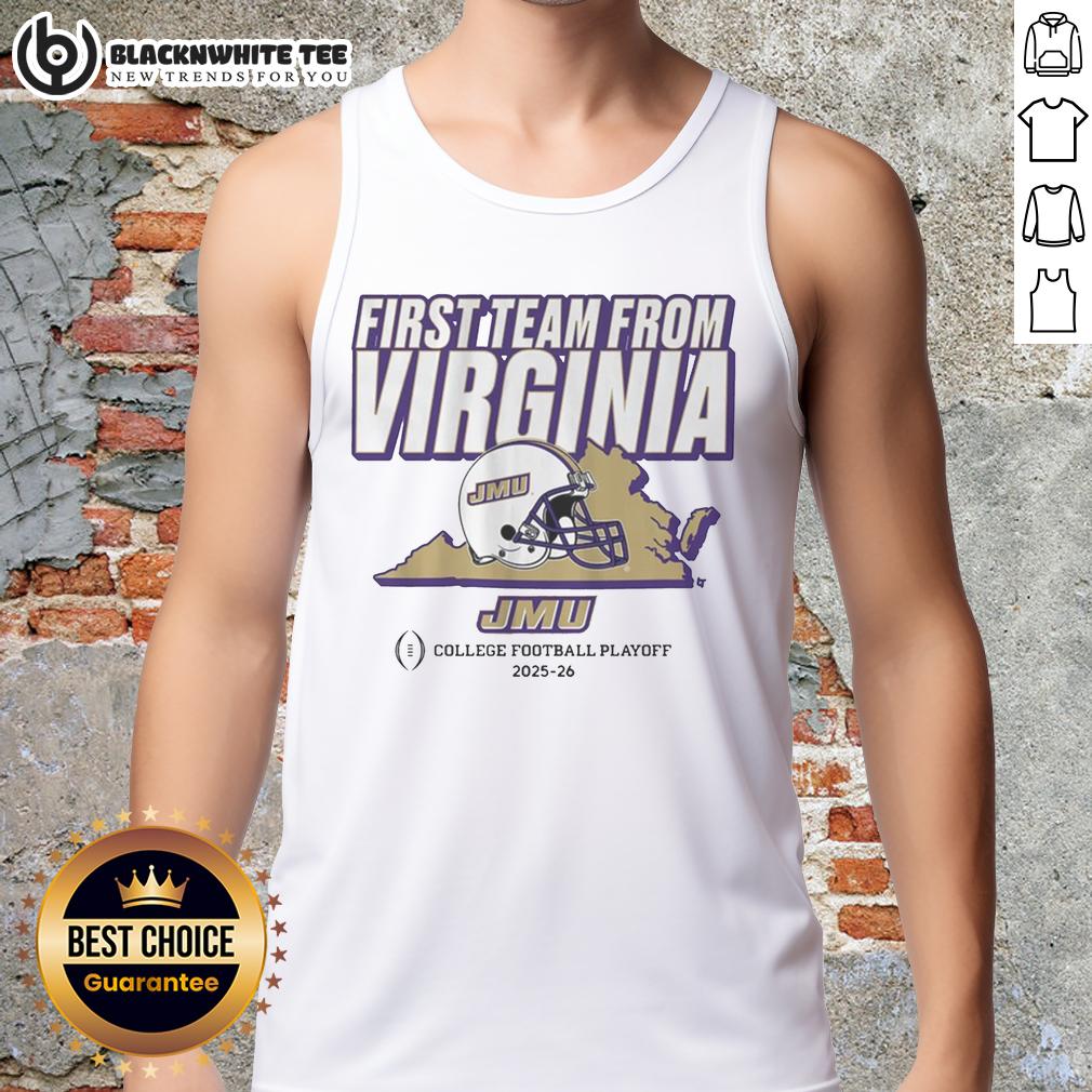 Awesome Jmu Football Cfp'S First Team From Virginia Tank Top Awesome JMU Football CFP's First Team from Virginia tank top featuring team colors and logo for proud Dukes fans.