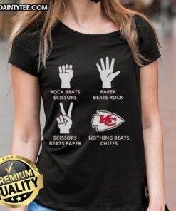 Awesome Kansas City Chiefs ladies tee featuring 'Nothing Beats Rock, Beats Scissors, Paper Beats Rock' design.