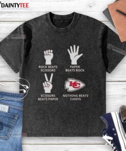 Awesome Kansas City Chiefs t-shirt featuring a fun rock-paper-scissors design, perfect for fans and game day attire.