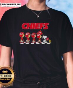 Kansas City Chiefs X Peanuts Snoopy and Friends Abbey Road ladies tee featuring iconic characters in a fun design.
