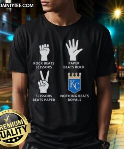 Awesome Kansas City Royals t-shirt featuring 'Nothing Beats Rock Beats Scissors Paper Beats Rock Scissors Beats Paper' design.