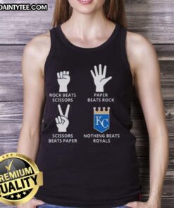 Alt Text: Kansas City Royals tank top featuring playful 'Rock, Paper, Scissors' design for sports fans and casual wear.