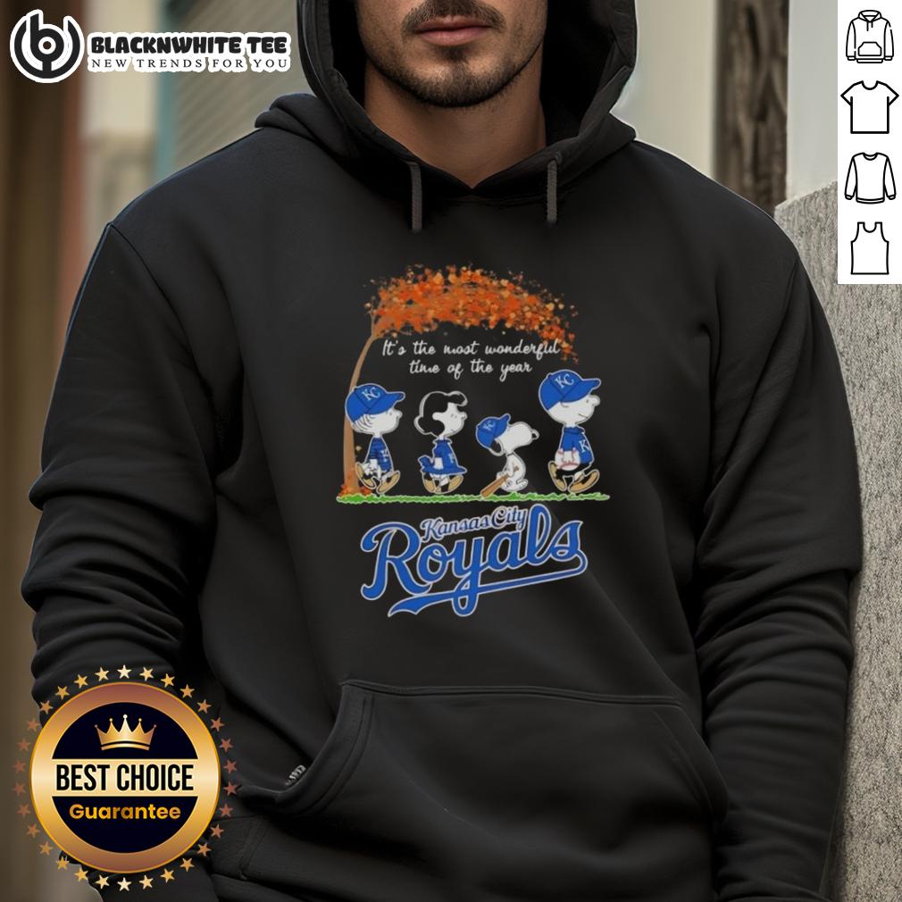 Awesome Kansas City Royals X Peanuts Snoopy And Friends Autumn It's The Most Wonderful Time Of The Year Hoodie Kansas City Royals X Peanuts Snoopy hoodie celebrating autumn and the joy of the season, perfect for fans.