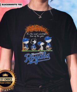 Awesome Kansas City Royals X Peanuts Snoopy and Friends autumn ladies tee celebrating the most wonderful time of the year.