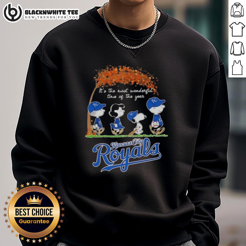 Awesome Kansas City Royals X Peanuts Snoopy And Friends Autumn It's The Most Wonderful Time Of The Year Sweatshirt Alt Text: Cozy sweatshirt featuring Kansas City Royals, Peanuts, Snoopy, and friends celebrating autumn vibes.