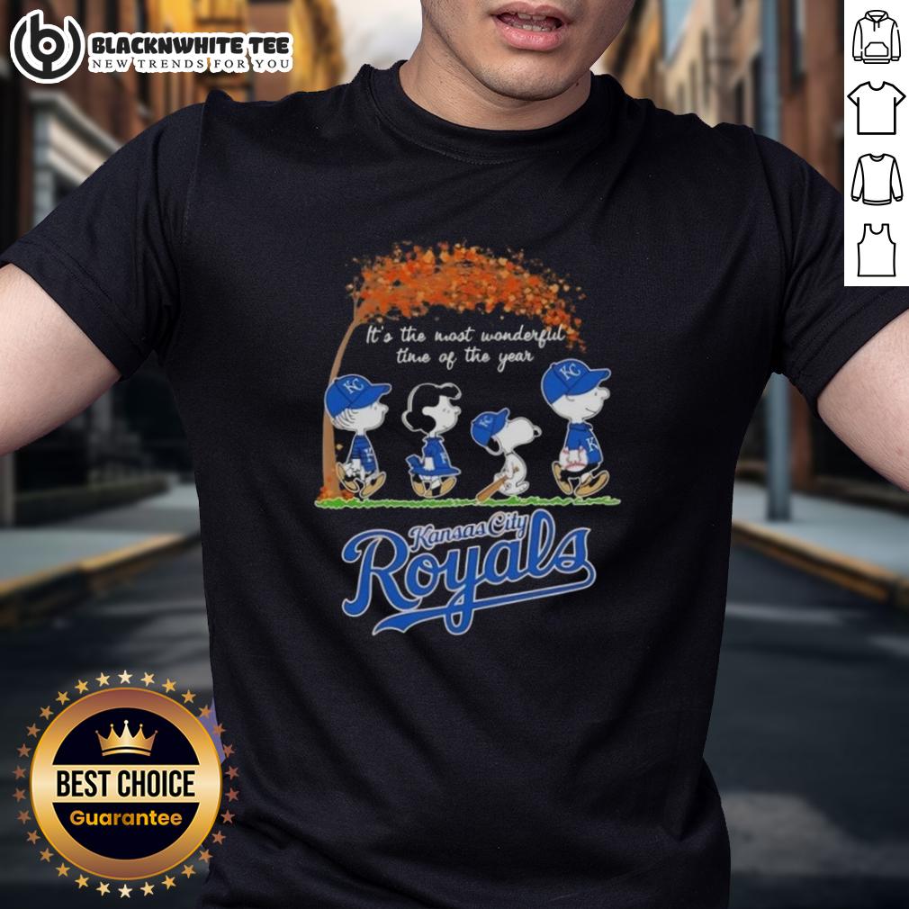 Awesome Kansas City Royals X Peanuts Snoopy And Friends Autumn It's The Most Wonderful Time Of The Year T-Shirt Alt Text: Kansas City Royals X Peanuts Snoopy T-shirt celebrating autumn with festive design, It's The Most Wonderful Time Of The Year.
