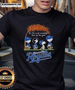Alt Text: Kansas City Royals X Peanuts Snoopy T-shirt celebrating autumn with festive design, It's The Most Wonderful Time Of The Year.