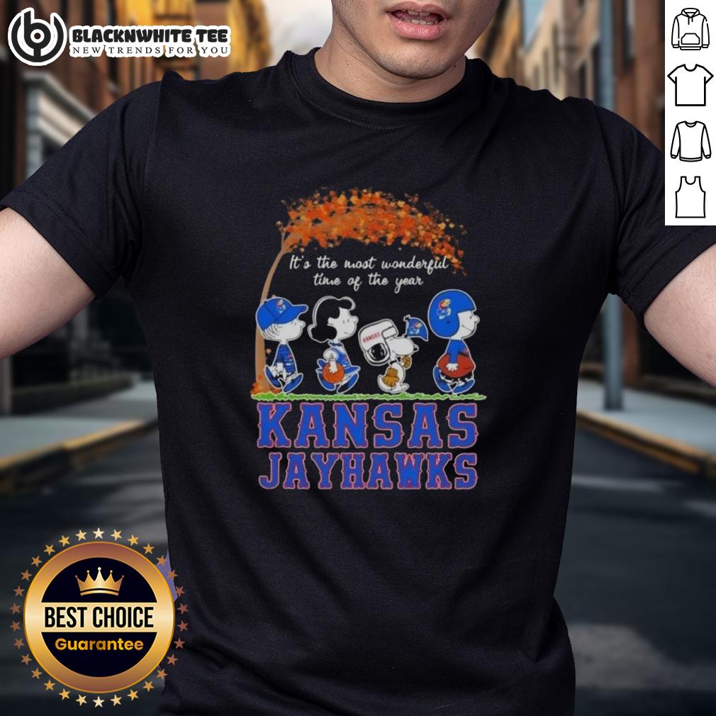 Awesome Kansas Jayhawks X Peanuts Snoopy And Friends Autumn It's The Most Wonderful Time Of The Year T-Shirt Awesome Kansas Jayhawks X Peanuts Snoopy and Friends autumn T-shirt celebrating the most wonderful time of the year.