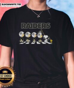 Awesome Las Vegas Raiders x Peanuts Snoopy and Friends Abbey Road ladies tee featuring iconic characters in a fun design.