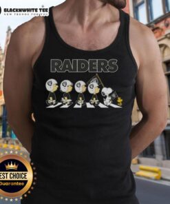 Awesome Las Vegas Raiders X Peanuts Snoopy and Friends Abbey Road tank top featuring iconic characters and team logo.
