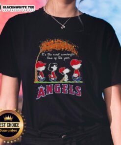 Alt Text: Ladies tee featuring Los Angeles Angels and Peanuts Snoopy in autumn theme, celebrating the most wonderful time of the year.