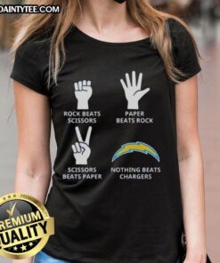 Awesome Los Angeles Chargers ladies tee featuring 'Nothing Beats Rock, Beats Scissors, Paper Beats Rock, Scissors Beats Paper' design.
