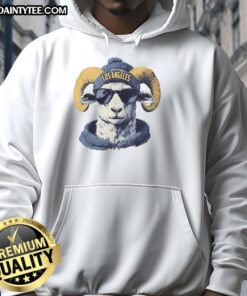 Los Angeles Rams mascot wearing a beanie and sunglasses, showcasing team spirit in a stylish hoodie.