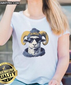 Alt Text: Los Angeles Rams mascot in a beanie and sunglasses, showcasing an awesome ladies tee for football fans.