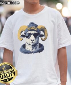 Awesome Los Angeles Rams mascot in a beanie and sunglasses on a stylish t-shirt, perfect for football fans.