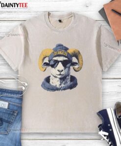 Alt Text: Los Angeles Rams mascot in a beanie and sunglasses, showcasing team spirit in a stylish washed t-shirt.